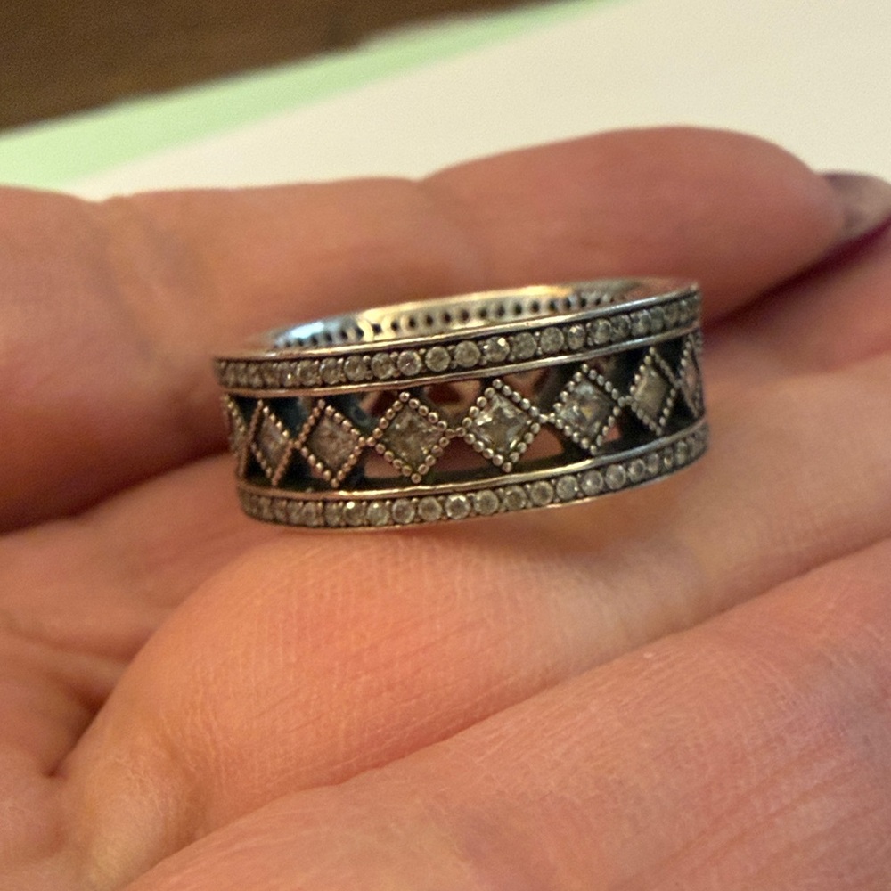 Pandora Silver Toned Diamond-Pattern Openwork Band Ring